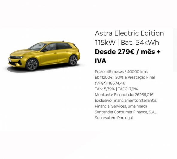 Astra Electric Edition 115kW | Bat. 54kWh Desde 279€ / mês + IVA Astra Electric Edition 115kW | Bat. 54kWh Desde 279€ / mês + IVA