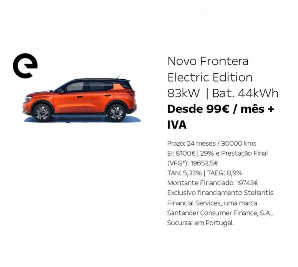 Novo Frontera Electric Edition 83kW | Bat. 44kWh Desde 99€ / mês + IVA Novo Frontera Electric Edition 83kW | Bat. 44kWh Desde 99€ / mês + IVA