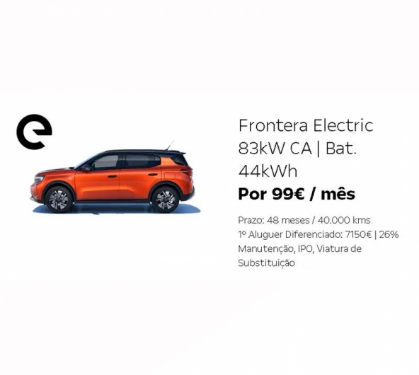 Frontera Electric 83kW CA | Bat. 44kWh Por 99€ / mês Frontera Electric 83kW CA | Bat. 44kWh Por 99€ / mês