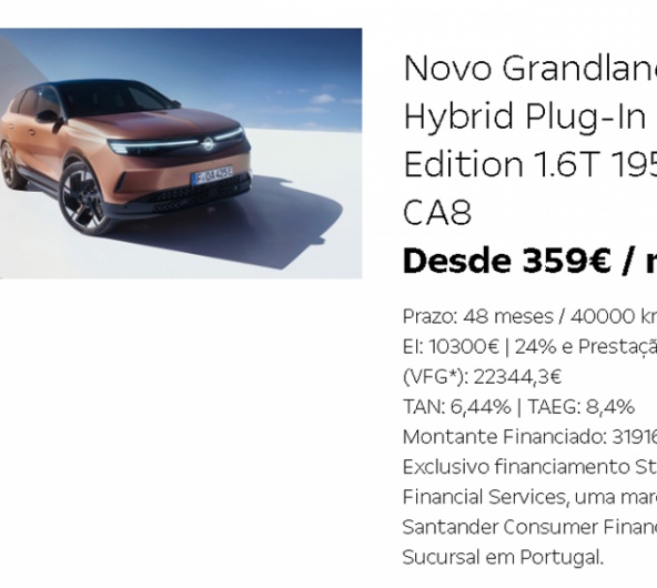 Novo Grandland Hybrid Plug-In Edition 1.6T 195cv CA8 Desde 359€ / mês Novo Grandland Hybrid Plug-In Edition 1.6T 195cv CA8 Desde 359€ / mês